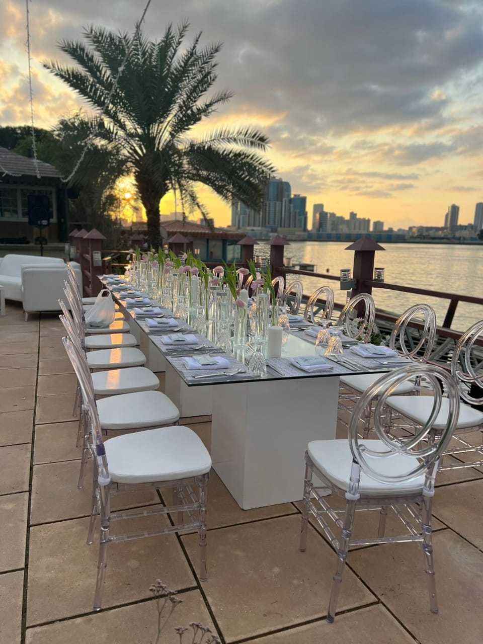 Decorated tables and clean chairs for rent in Dubai.